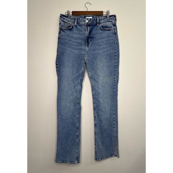 H&M Size 14 Blue High Waisted Stone Washed Jeans with Slit Flared Bottoms - Picture 1 of 9